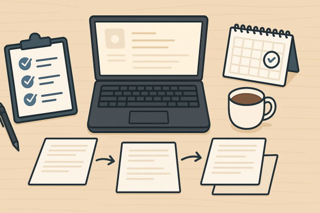 Organized desk with laptop checklist calendar and papers workflow