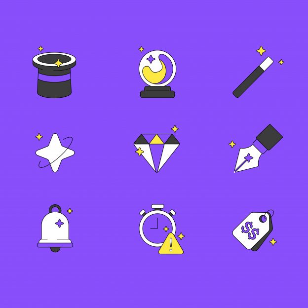 Nine magic-themed icons—a top hat, crystal ball, wand, star, diamond, fountain pen, bell, stopwatch, and price tag—on a purple background.